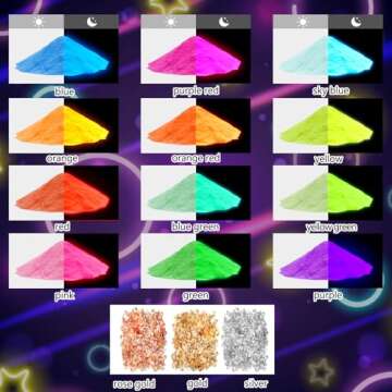 Glow in The Dark Pigment Powder - 12 Colors Luminous Powder 20g/0.7oz and 3 Colors Gold Foil Flakes ...