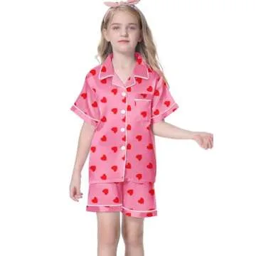 Umeyda Girls Satin Pajamas Set, 2 Piece Silk Pajamas Sets Sleeve Button Down Sleepwear 2 Pjs Lounge Sets, Heart Hot Pink, 11-12 Years = Tag 160