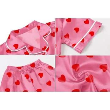 Umeyda Girls Satin Pajamas Set, 2 Piece Silk Pajamas Sets Sleeve Button Down Sleepwear 2 Pjs Lounge Sets, Heart Hot Pink, 11-12 Years = Tag 160