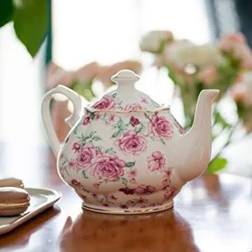 BTaT- Floral Tea Pot, Porcelain Teapot, 38 oz, Floral Teapot, Bone China Teapot for Tea Set, Ceramic Tea Kettle, Tea Pots for Tea Cup, Tea Pot Ceramic, Tea Pots for Loose Tea, Teapots for Tea Parties