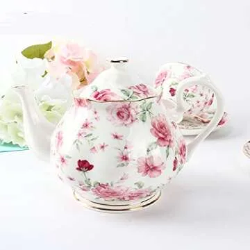 BTaT- Floral Tea Pot, Porcelain Teapot, 38 oz, Floral Teapot, Bone China Teapot for Tea Set, Ceramic Tea Kettle, Tea Pots for Tea Cup, Tea Pot Ceramic, Tea Pots for Loose Tea, Teapots for Tea Parties