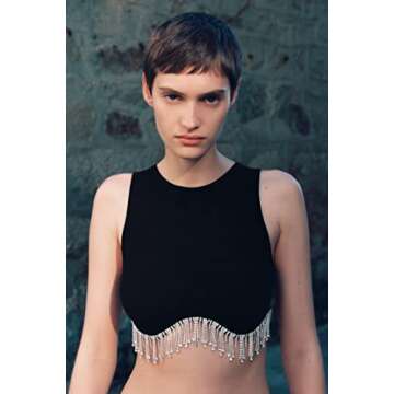 Lauweion Women’s Rhinestones Tassel Sleeveless Crop Top Diamond Decoration Fringe Racer Back Ribbed Knit Crop Tank Top