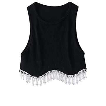 Lauweion Women’s Rhinestones Tassel Sleeveless Crop Top Diamond Decoration Fringe Racer Back Ribbed Knit Crop Tank Top