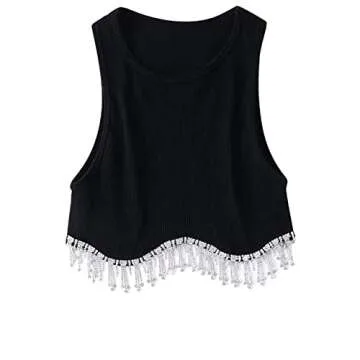 Lauweion Women’s Rhinestones Tassel Sleeveless Crop Top Diamond Decoration Fringe Racer Back Ribbed Knit Crop Tank Top