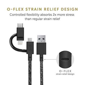 Native Union Belt Cable Universal - 6.5ft Ultra-Strong Reinforced [MFi Certified] Durable Charging Cable with 3-in-1 Adaptor for Lightning, USB-C and Micro-USB Devices (Black)