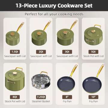 Nuwave Lux LE 13-Pc Cookware Set with Elegant Gold Handle, Diamond Infused Ceramic Non-Stick, PFAS F...