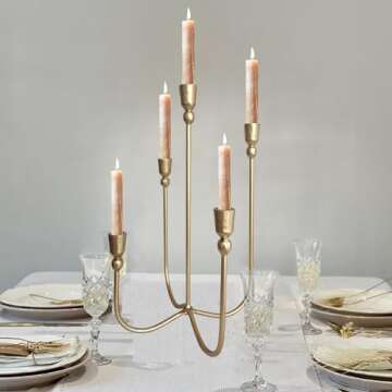 Iron Tabletop Candelabra - Decorative Metal Candelabra Candle Holder, 5 French Dinner Candles (Dinner 5 Candles)