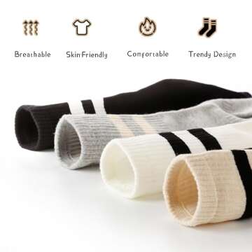 Cotton Fashion Striped Crew Socks-Seamless Toe, 4 Pairs of Cozy Soft Ankle Socks for Women, Stylish ...