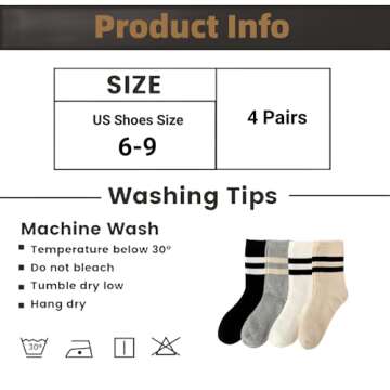 Cotton Fashion Striped Crew Socks-Seamless Toe, 4 Pairs of Cozy Soft Ankle Socks for Women, Stylish Women's Casual Comfort Athletic Socks, Size 6-9