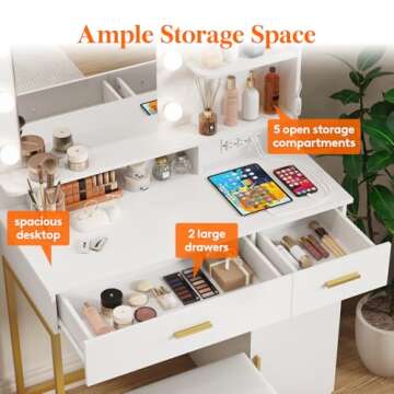 Lifewit Vanity with Mirror and Light,2 Power Outlets and 2 USB Ports, Adjustable Color/Brightness, White Makeup Desk with 4 Drawers and Stool for Bedroom, Bathroom, Makeup Room