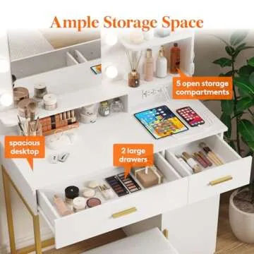 Lifewit Vanity with Mirror and Light,2 Power Outlets and 2 USB Ports, Adjustable Color/Brightness, White Makeup Desk with 4 Drawers and Stool for Bedroom, Bathroom, Makeup Room
