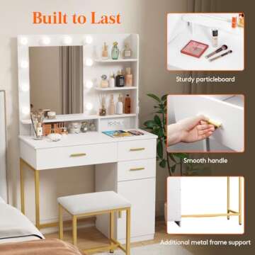Lifewit Vanity with Mirror and Light,2 Power Outlets and 2 USB Ports, Adjustable Color/Brightness, White Makeup Desk with 4 Drawers and Stool for Bedroom, Bathroom, Makeup Room