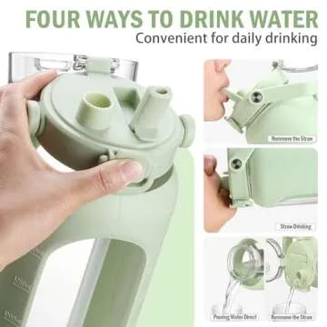 BLUEGO 64oz Glass Water Bottles with Straw Time Marker Half Gallon Large Motivational Water Bottle w...