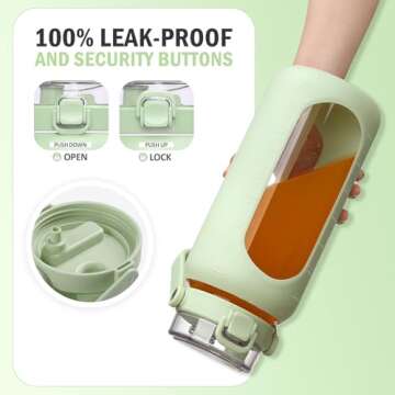 BLUEGO 64oz Glass Water Bottles with Straw Time Marker Half Gallon Large Motivational Water Bottle with Silicone Sleeve 2 Liter Large Glass Water Jug for Gym, Sports& Workout, Daily, Green