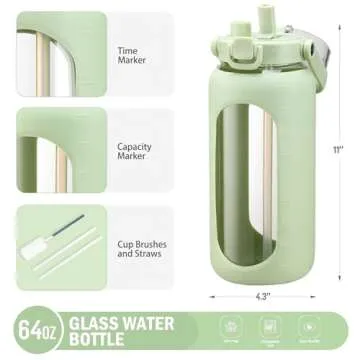 BLUEGO 64oz Glass Water Bottles with Straw Time Marker Half Gallon Large Motivational Water Bottle with Silicone Sleeve 2 Liter Large Glass Water Jug for Gym, Sports& Workout, Daily, Green