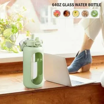 BLUEGO 64oz Glass Water Bottles with Straw Time Marker Half Gallon Large Motivational Water Bottle with Silicone Sleeve 2 Liter Large Glass Water Jug for Gym, Sports& Workout, Daily, Green