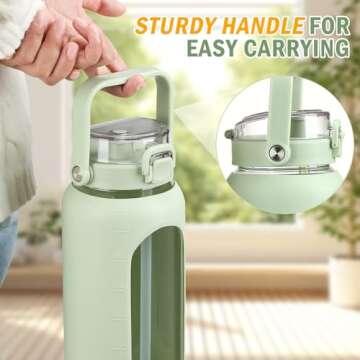 BLUEGO 64oz Glass Water Bottles with Straw Time Marker Half Gallon Large Motivational Water Bottle with Silicone Sleeve 2 Liter Large Glass Water Jug for Gym, Sports& Workout, Daily, Green