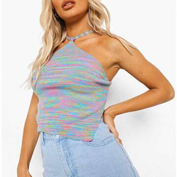 Awoscut Womens Casual Sleeveless Tie Dye Rib Knit Crop Tank Top Y2K T Shirt Crew Neck Summer Cami Ve...