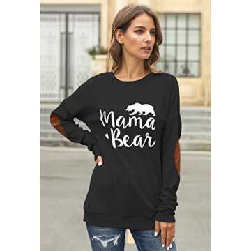 Pink Queen Women's Long SLeeve Mama Bear Printed Pachwork T-Shirts Sweatshirt Top Black S