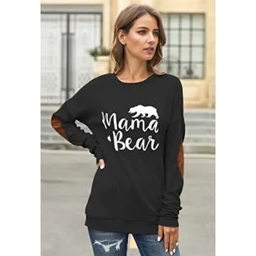 Pink Queen Women's Long SLeeve Mama Bear Printed Pachwork T-Shirts Sweatshirt Top Black S
