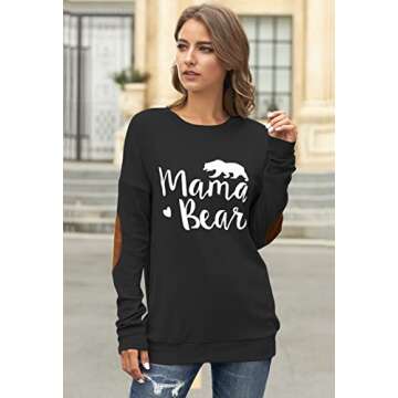 Pink Queen Women's Long SLeeve Mama Bear Printed Pachwork T-Shirts Sweatshirt Top Black S