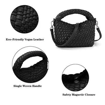 Woven Purse For Women, Small Crossbody Tote Bag with Detachable Shoulder Strap, Girls Top Handle Handbag (Black)