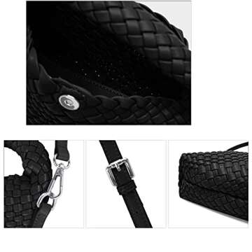 Woven Purse For Women, Small Crossbody Tote Bag with Detachable Shoulder Strap, Girls Top Handle Handbag (Black)