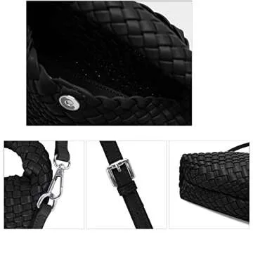 Woven Purse For Women, Small Crossbody Tote Bag with Detachable Shoulder Strap, Girls Top Handle Handbag (Black)