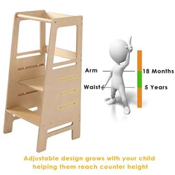 Height Adjustable Kitchen Step Stool for Kids and Toddlers with Safety Rail Children Learning Standi...