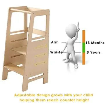 Height Adjustable Kitchen Step Stool for Kids and Toddlers with Safety Rail Children Learning Standi...