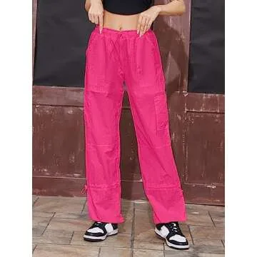 MIRJXB Cargo Pants Women Parachute Pants for Women Baggy Drawstring Elastic Low Waist Ruched Cargo Pants Multiple Pockets Jogger Y2K Pants Hot Pink