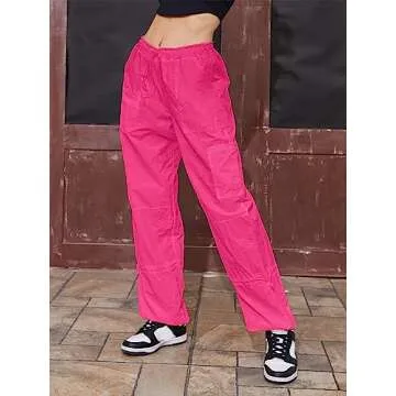 MIRJXB Cargo Pants Women Parachute Pants for Women Baggy Drawstring Elastic Low Waist Ruched Cargo Pants Multiple Pockets Jogger Y2K Pants Hot Pink