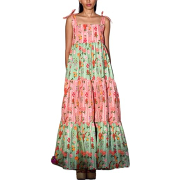 Boho Flowy Summer Dresses Sundresses for Women 2024 Floral Smocked Off Shoulder Tie Strap Tiered Bea...