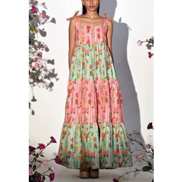 Boho Flowy Summer Dresses Sundresses for Women 2024 Floral Smocked Off Shoulder Tie Strap Tiered Beach Maxi Dress