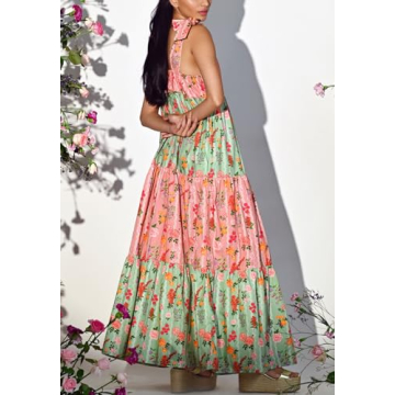 Boho Flowy Summer Dresses Sundresses for Women 2024 Floral Smocked Off Shoulder Tie Strap Tiered Beach Maxi Dress