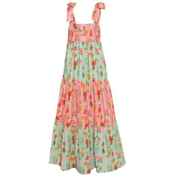 Boho Flowy Summer Dresses Sundresses for Women 2024 Floral Smocked Off Shoulder Tie Strap Tiered Beach Maxi Dress