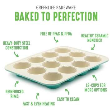 GreenLife 12-Cup Muffin Pan, Healthy Ceramic Nonstick Bakeware, PFOA & PFAS-Free Cupcake Tray, Durable Baking Pan, Versatile Kitchen Essential, Easy Clean Muffin Mold, Nonstick Baking Sheet, Turquoise