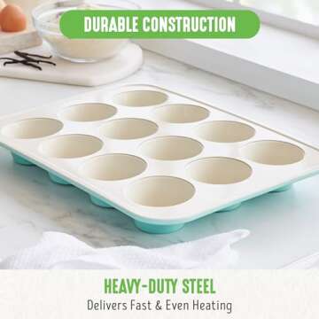 GreenLife 12-Cup Muffin Pan, Healthy Ceramic Nonstick Bakeware, PFOA & PFAS-Free Cupcake Tray, Durable Baking Pan, Versatile Kitchen Essential, Easy Clean Muffin Mold, Nonstick Baking Sheet, Turquoise