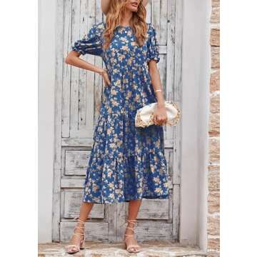 PRETTYGARDEN Women's Summer Casual Boho Dress Floral Print Ruffle Puff Short Sleeve Flowy Midi Beach Party Dresses (Blue Apricot,Small)