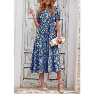 PRETTYGARDEN Women's Summer Casual Boho Dress Floral Print Ruffle Puff Short Sleeve Flowy Midi Beach Party Dresses (Blue Apricot,Small)
