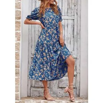 PRETTYGARDEN Women's Summer Casual Boho Dress Floral Print Ruffle Puff Short Sleeve Flowy Midi Beach Party Dresses (Blue Apricot,Small)