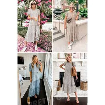 PRETTYGARDEN Women's Summer Casual Boho Dress Floral Print Ruffle Puff Short Sleeve Flowy Midi Beach Party Dresses (Blue Apricot,Small)