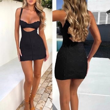 Women Low Cut Lace Trim Corset Cami Mini Dress