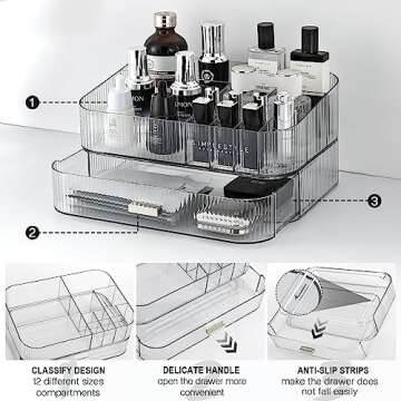 Makeup Organizer with Stackable Drawer,Large Capacity Cosmetic Storage Display Case for Vanity,Ideal for Desk Dresser Countertops Bedroom and Bathroom,Suitable for Perfume Cosmetics Skincare Lipsticks
