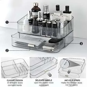 Makeup Organizer with Stackable Drawer,Large Capacity Cosmetic Storage Display Case for Vanity,Ideal for Desk Dresser Countertops Bedroom and Bathroom,Suitable for Perfume Cosmetics Skincare Lipsticks