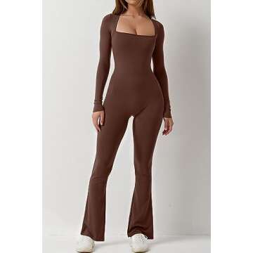 QINSEN Women Square Neck Long Sleeve Jumpsuit Casual Wide Leg Long Pants Romper Coffee Brown S
