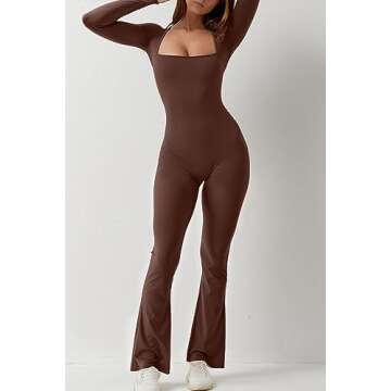 QINSEN Women Square Neck Long Sleeve Jumpsuit Casual Wide Leg Long Pants Romper Coffee Brown S