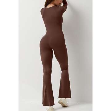QINSEN Women Square Neck Long Sleeve Jumpsuit Casual Wide Leg Long Pants Romper Coffee Brown S