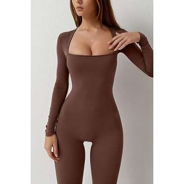 QINSEN Women Square Neck Long Sleeve Jumpsuit Casual Wide Leg Long Pants Romper Coffee Brown S