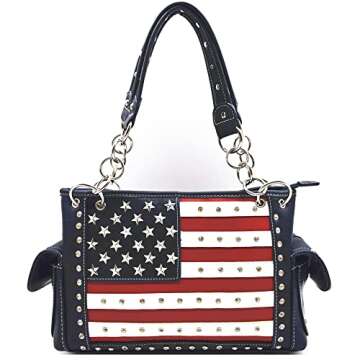 American Flag USA Stars and Stripes Patriotic Leather Purse Women Rhinestone Country Handbag Wallet Set Red White and Blue (#2 Navy Blue Set)